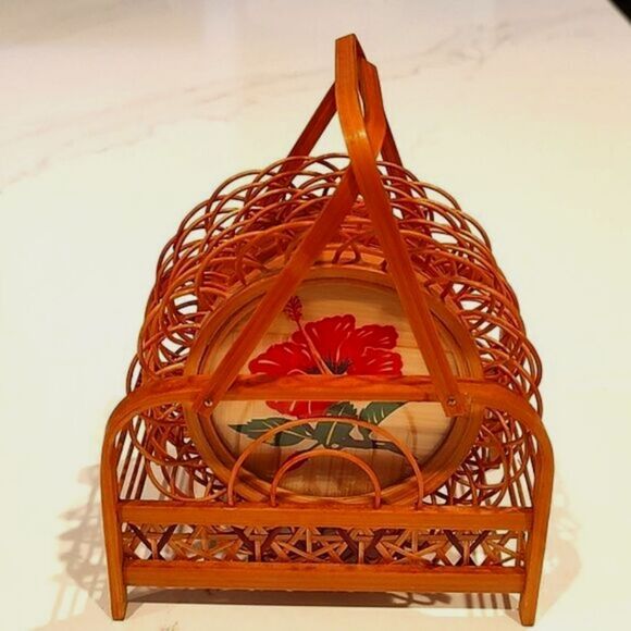 Vintage Bamboo Rattan Hibiscus Flower Set of 5 Coasters with Caddy - Picture 1 of 14